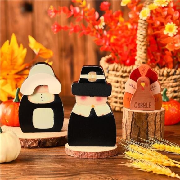 3 Pcs Fall Thanksgiving Decorations Fall Wooden Turkey Pilgrim Couple Table Sign - Picture 2 of 7